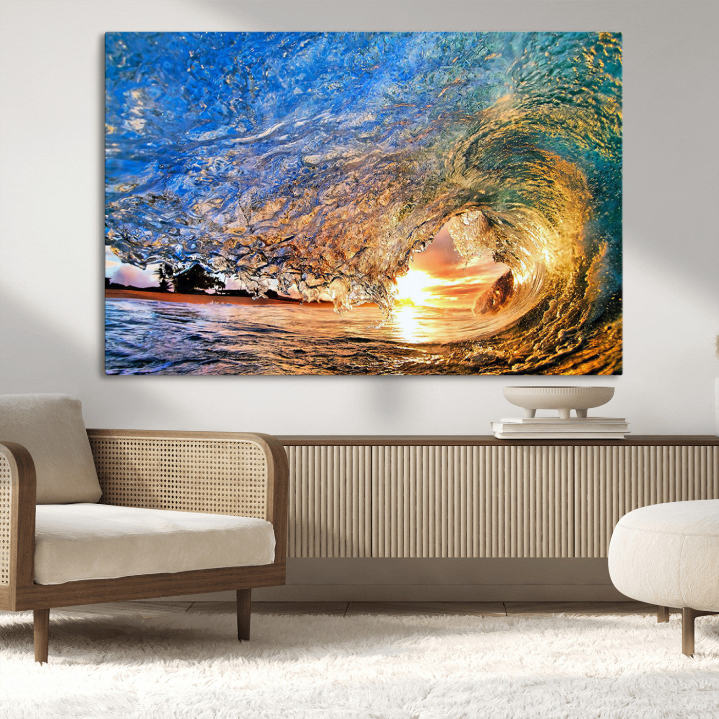 MGV-CV-36X24 - Ocean Wave at Sunset Canvas Wall Art – Vibrant Coastal Beach Waves Print, Large Nautical Decor,