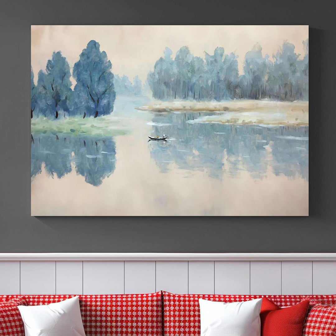 Landscape Printing Lake and Boat Scene | Serene Landscape Wall Art for Nature Lovers | Ready to Hang Triptych Canvas Print | Peaceful Blue Trees and Water Reflection Decor