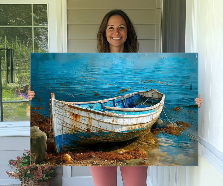 Vintage Boat on Tranquil Waters | Coastal Wall Art for Nautical Decor | Rustic Triptych Canvas Print | Beach House Art for Coastal Home Decor