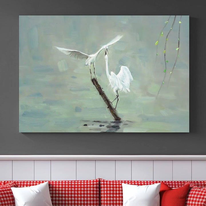 Elegant White Herons on Calm Waters | Coastal Wall Art for Nature-Inspired Decor | Serene Triptych Canvas Print | Ready to Hang Bird-Themed Art for Home Decor