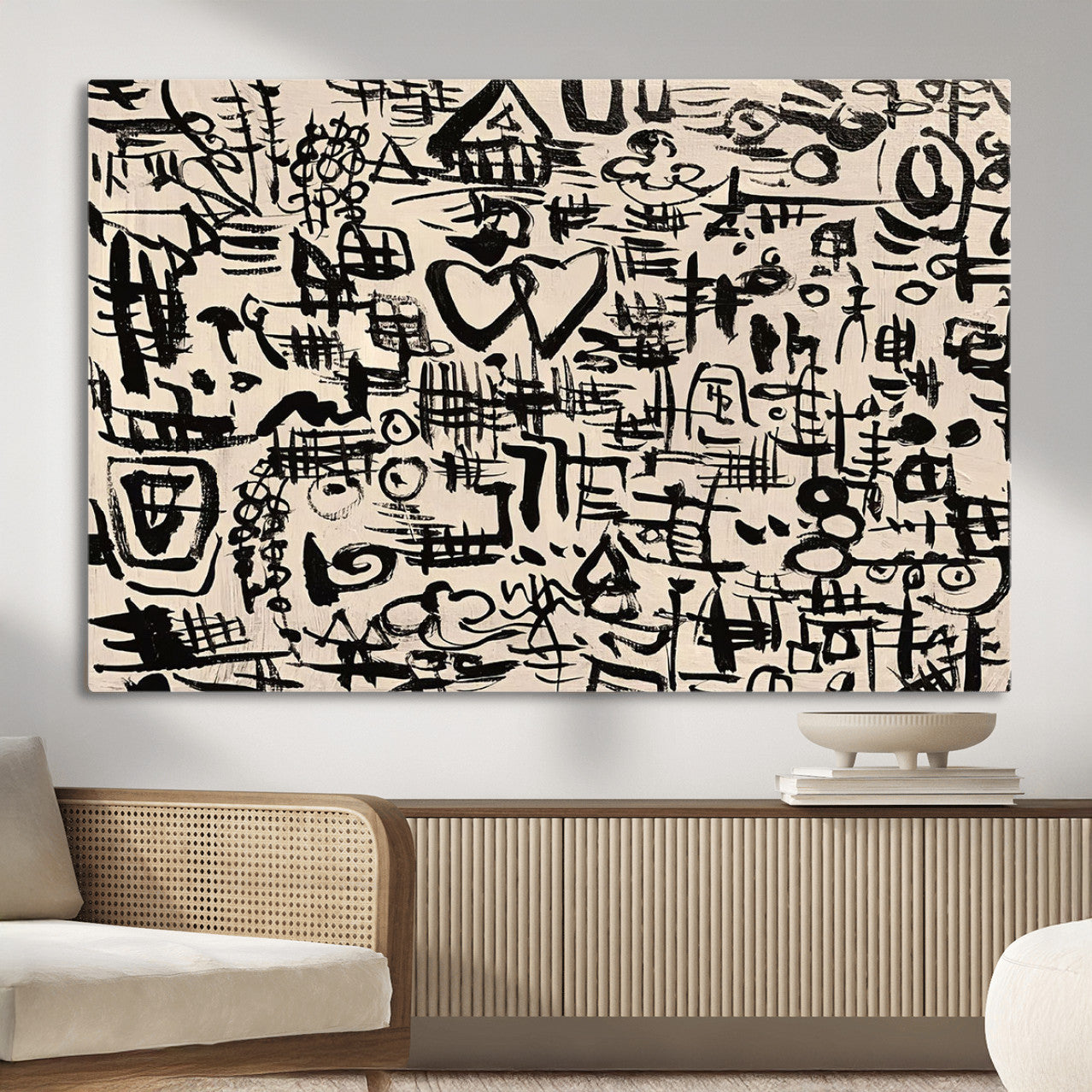 68273-MGV-CV-36X24 - Abstract Love and Chaos Canvas Print, Black Symbols on Beige