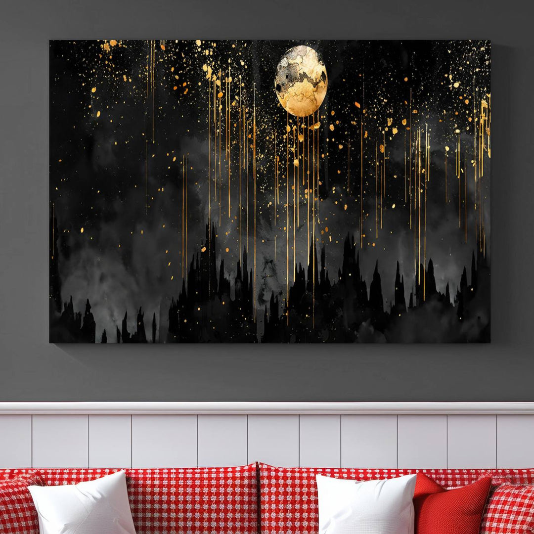 Gold Moon and Black Skyline Abstract Wall Art | Dark Modern Canvas Print with Dripping Gold Accents | Triptych Contemporary Homes