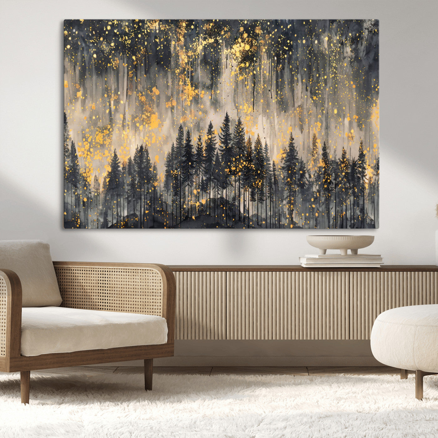 MGV-CV-36X24 - Golden Forest Abstract Wall Art | Dark Forest with Gold Splatter Accents | Triptych Ready to Hang