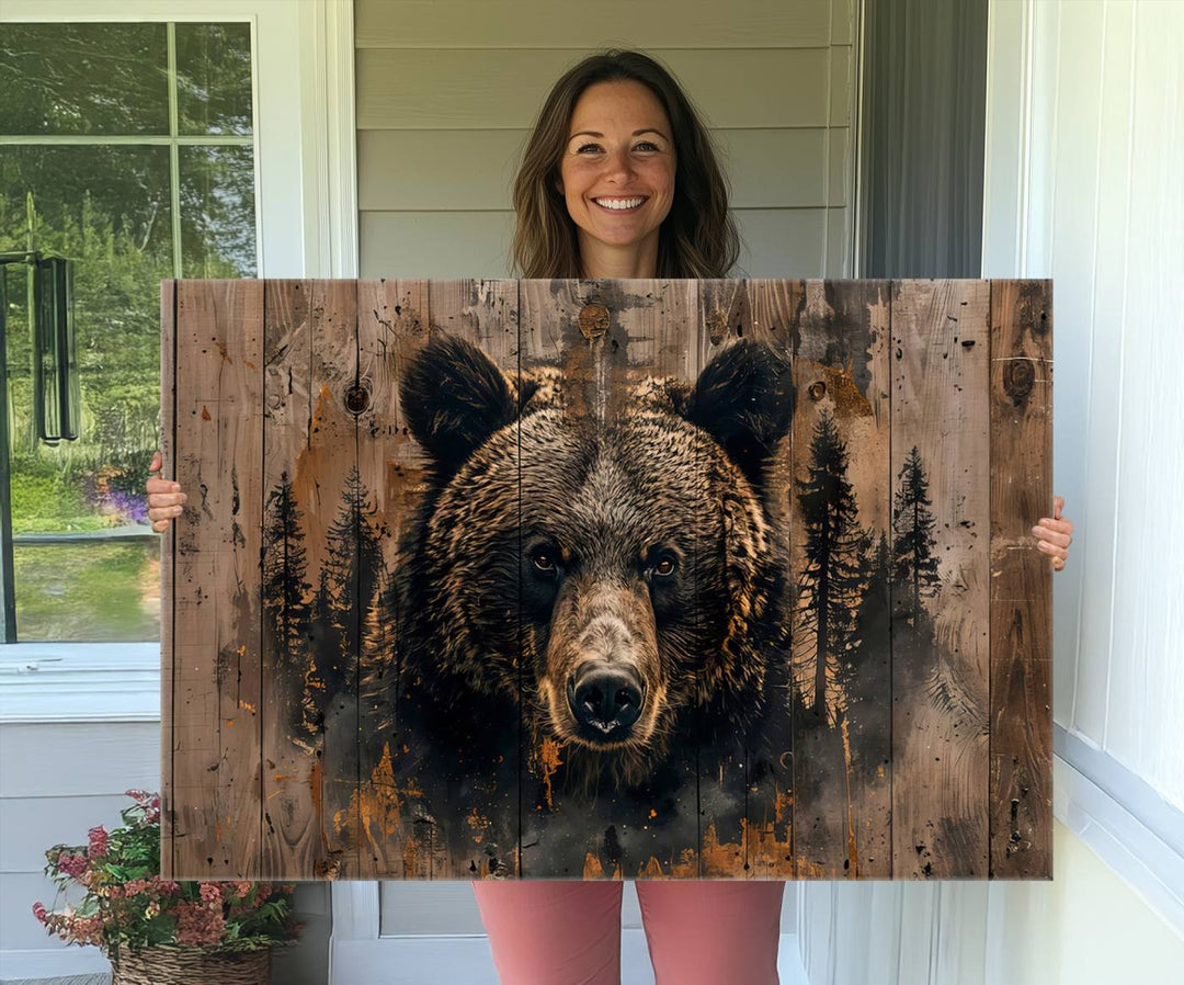 Rustic Grizzly 399 Wall Art is showcased against wood panels with forest silhouettes.