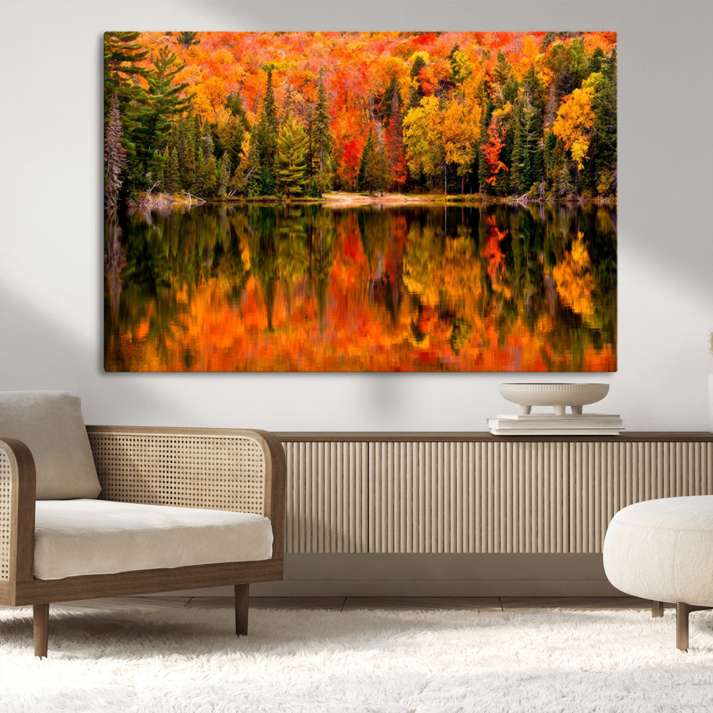 MGV-CV-36X24 - Forest Reflection Art | Autumn Forest Reflection Wall Art | Triptych Canvas Print | Vibrant Fall