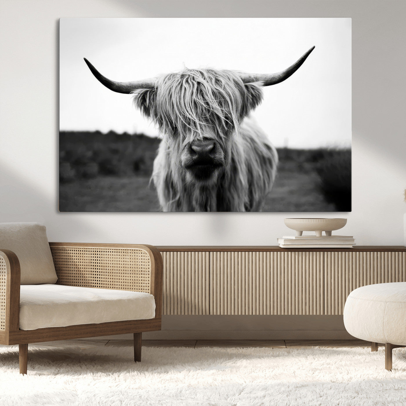 MGV-CV-36X24 - Highland Cow Wall Art | Black and White Farmhouse Decor | Triptych Canvas Print | Rustic Barn Decor