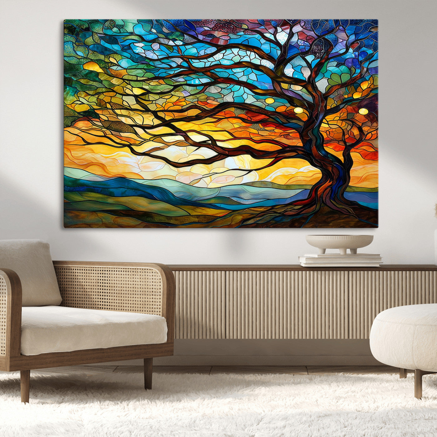 MGV-CV-36X24 - Vibrant Mosaic Tree of Life Wall Art | Stained Glass Style Canvas Print | Ready to Hang Artistic