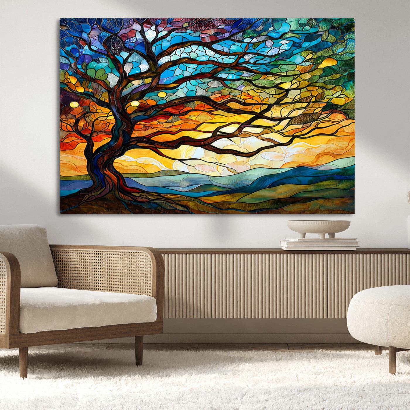 MGV-CV-36X24 - Mosaic Tree Wall Art | Ready to Hang Stained Glass Style Canvas Print | Farmhouse Wall Decor, Cabin
