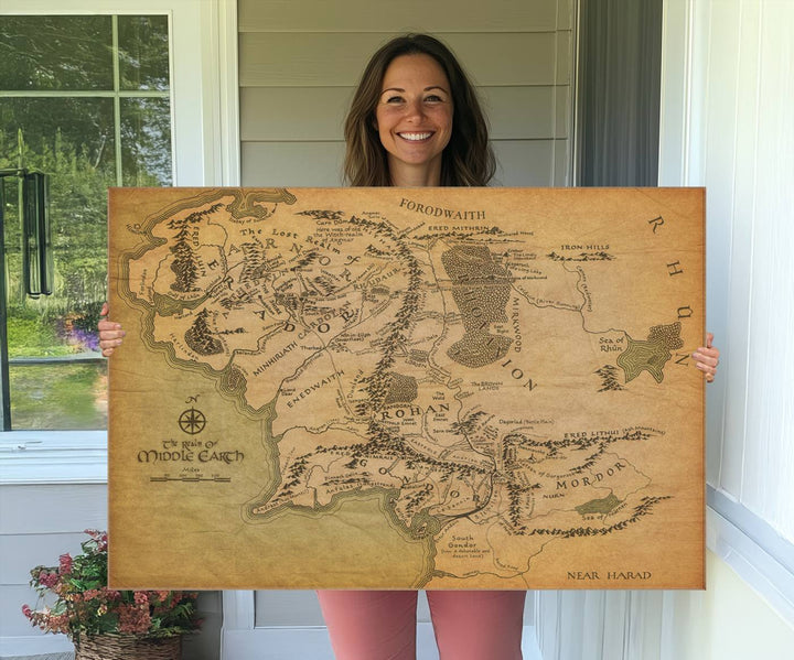 J.R.R. Tolkien's Middle-Earth World Map 3 Panel Wall Art Canvas Print | Vintage Map Wall Art for Living Room or Office | Large Framed Gallery Wrap