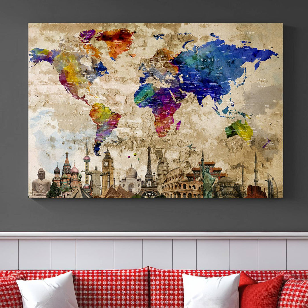 Artistic world map featuring landmarks like the Eiffel Tower, printed on premium wall art for office or living space.