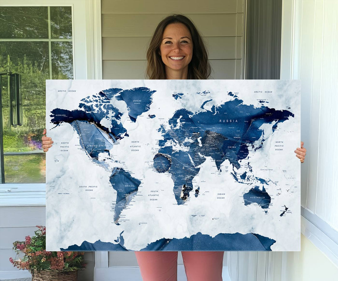 Navy Blue World Map with Antarctica Canvas: A perfect abstract home decor piece featuring a grunge-stained background.