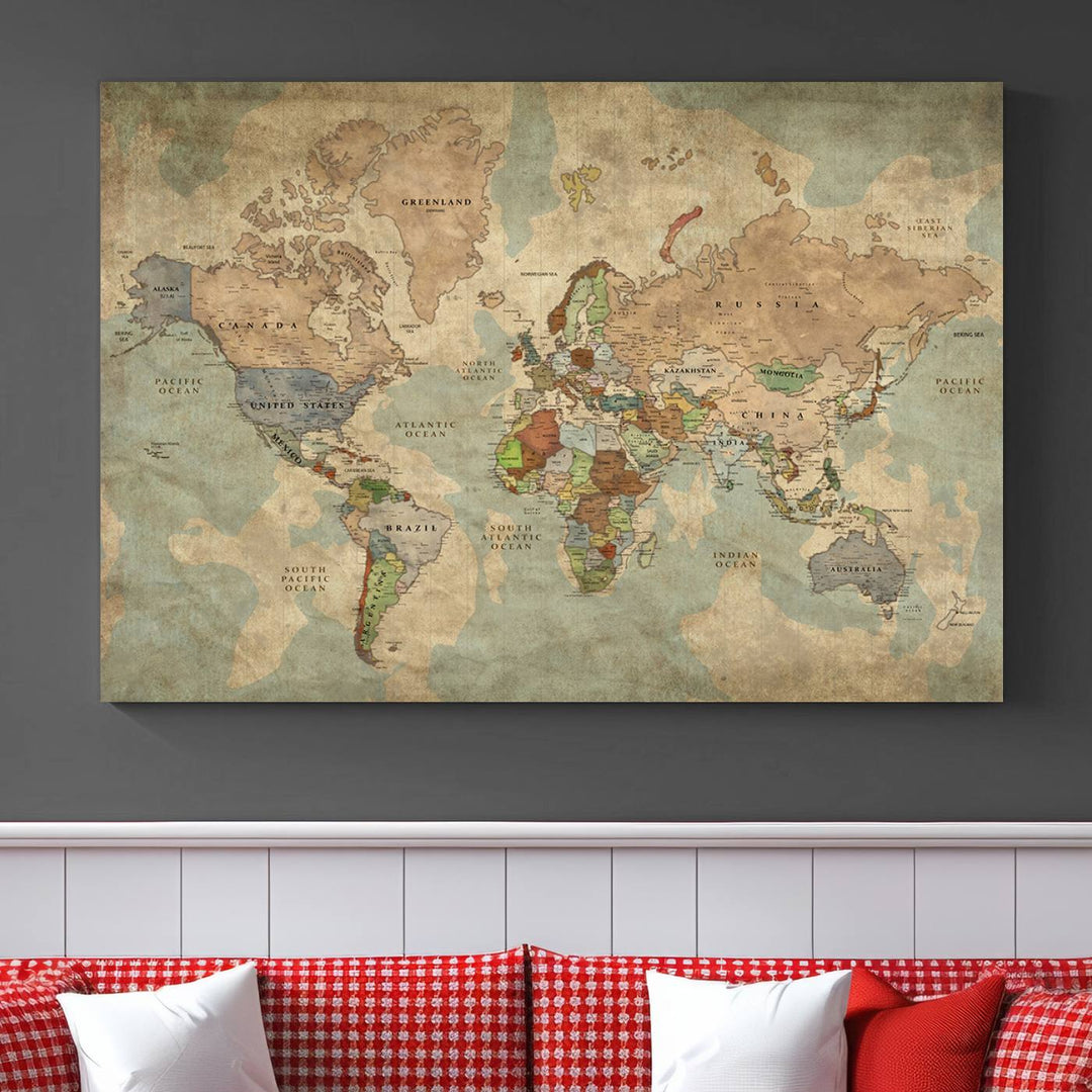 Vintage World Map Canvas Wall Art – Antique Triptych Map Print – Rustic Global Decor for Living Room or Office – Ready to Hang