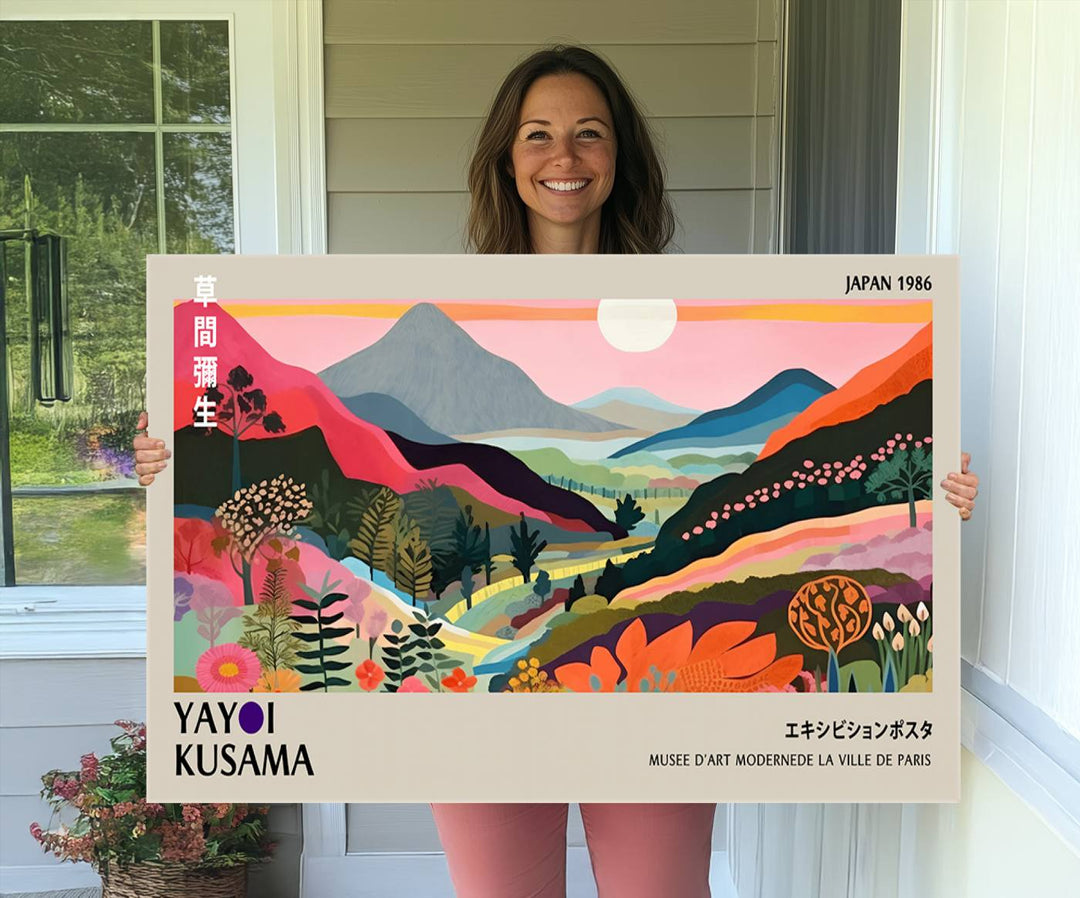 Vibrant abstract landscape canvas inspired by Yayoi Kusama, featuring mountains, trees, and flowers in a triptych style.