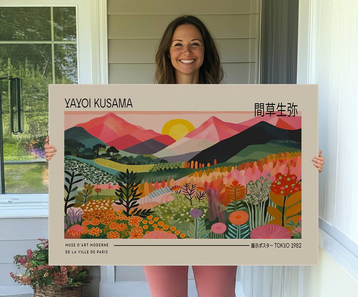 A vibrant abstract triptych features mountains, a sun, and plants in Yayoi Kusamas style with Japanese and French text included.