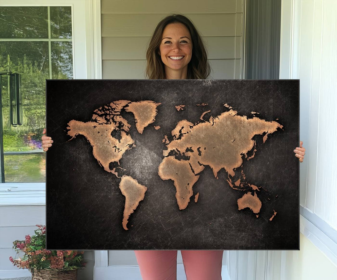 The Modern World Map on a metallic black canvas creates a striking effect.