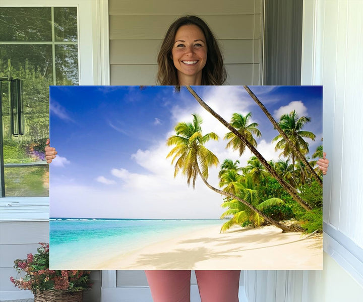 Tropical Beach Canvas: Palm Trees & White Sand Shore Decor, Vibrant Coastal Print, Ready to Hang.