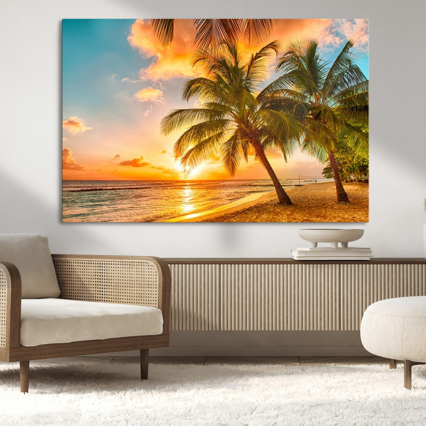 MGV-CV-36X24 - Tropical Sunset Beach Canvas Wall Art Print – Vibrant Palm Trees and Coastal Sunset Wall Decor for