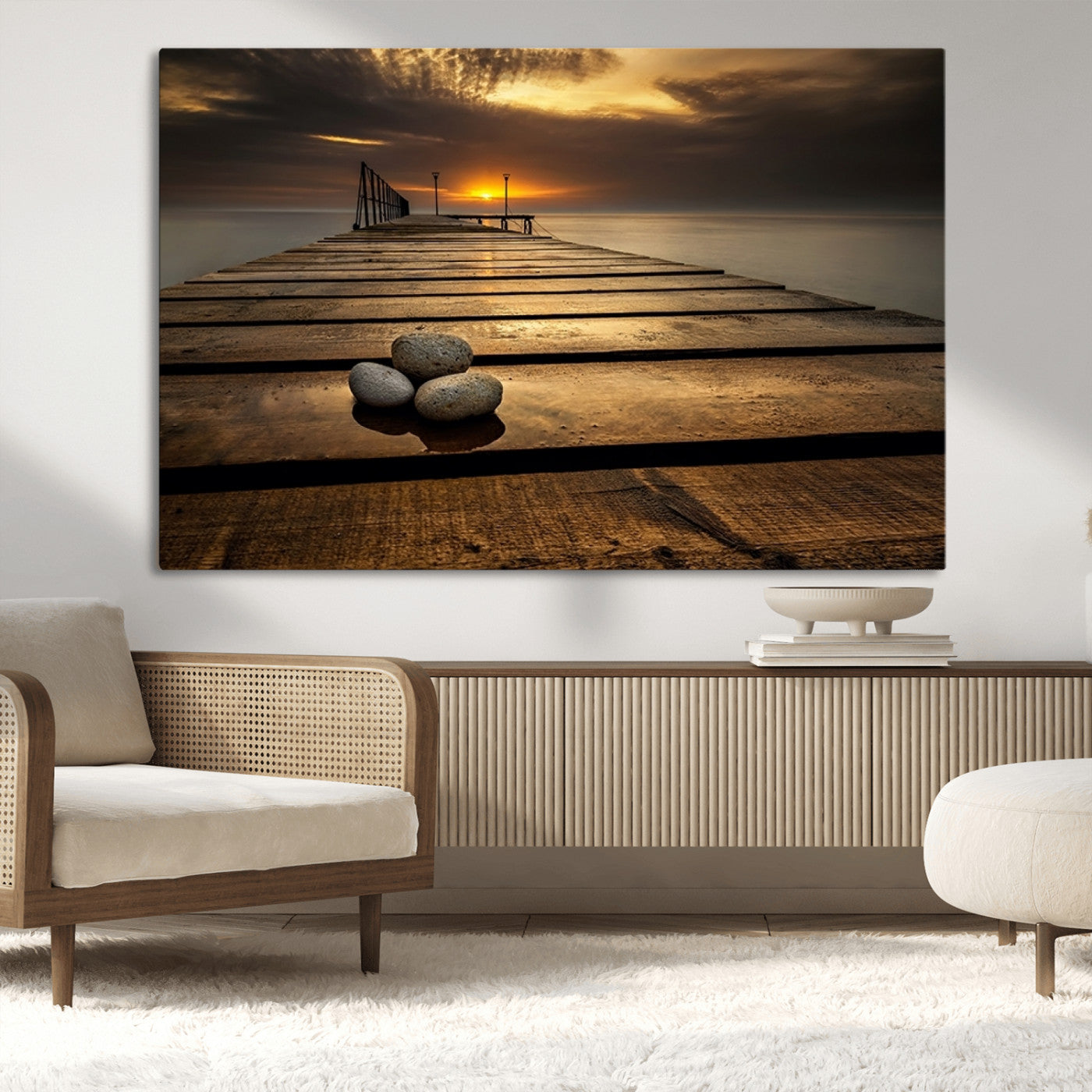 MGV-CV-36X24 - Stones on Wooden Pier at Sunset Canvas Print, Serene Coastal Wall Art, Beach Sunset Photography,