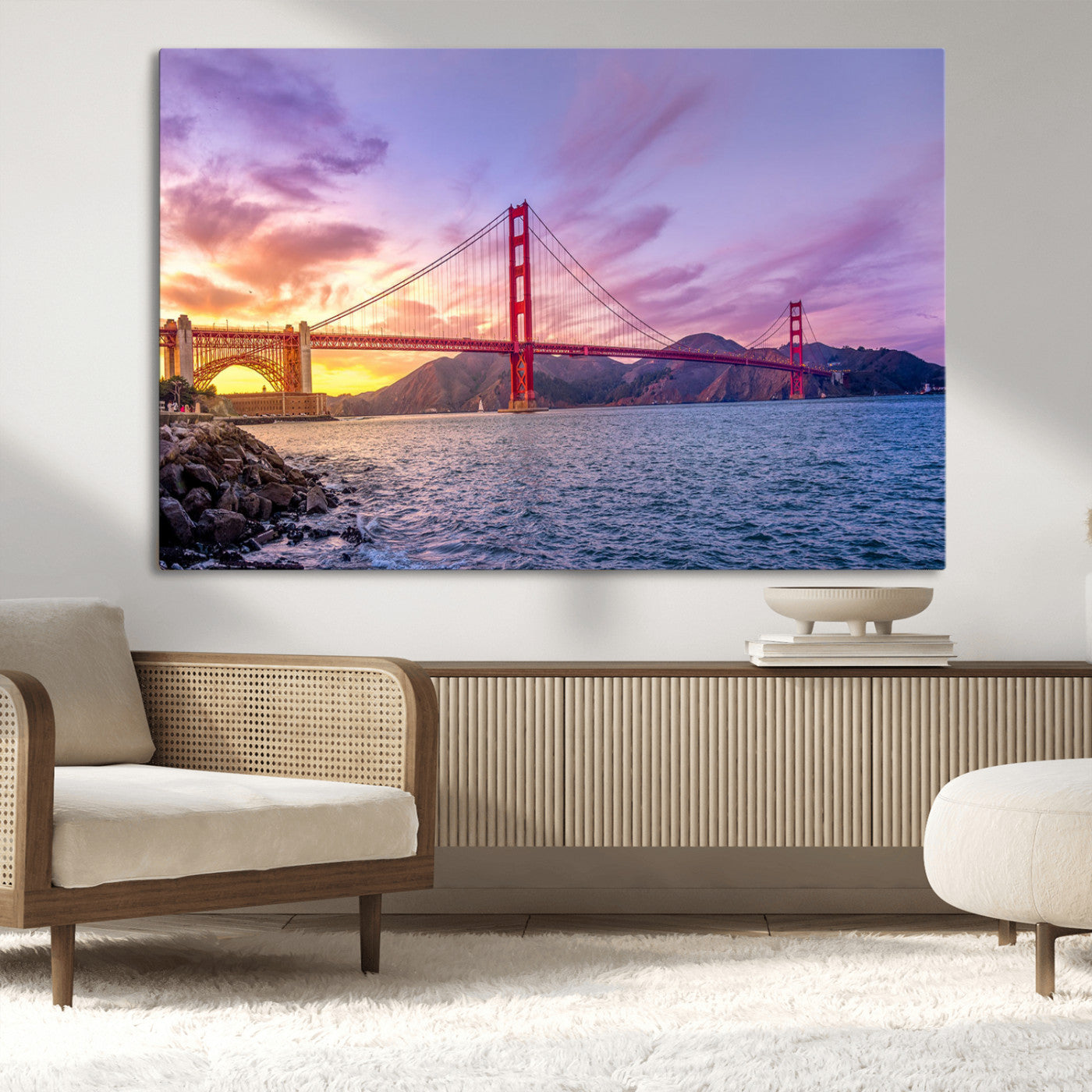 MGV-CV-36X24 - Golden Gate Bridge Wall Art Print, San Francisco Sunset Canvas Wall Art, Cityscape Canvas Print for