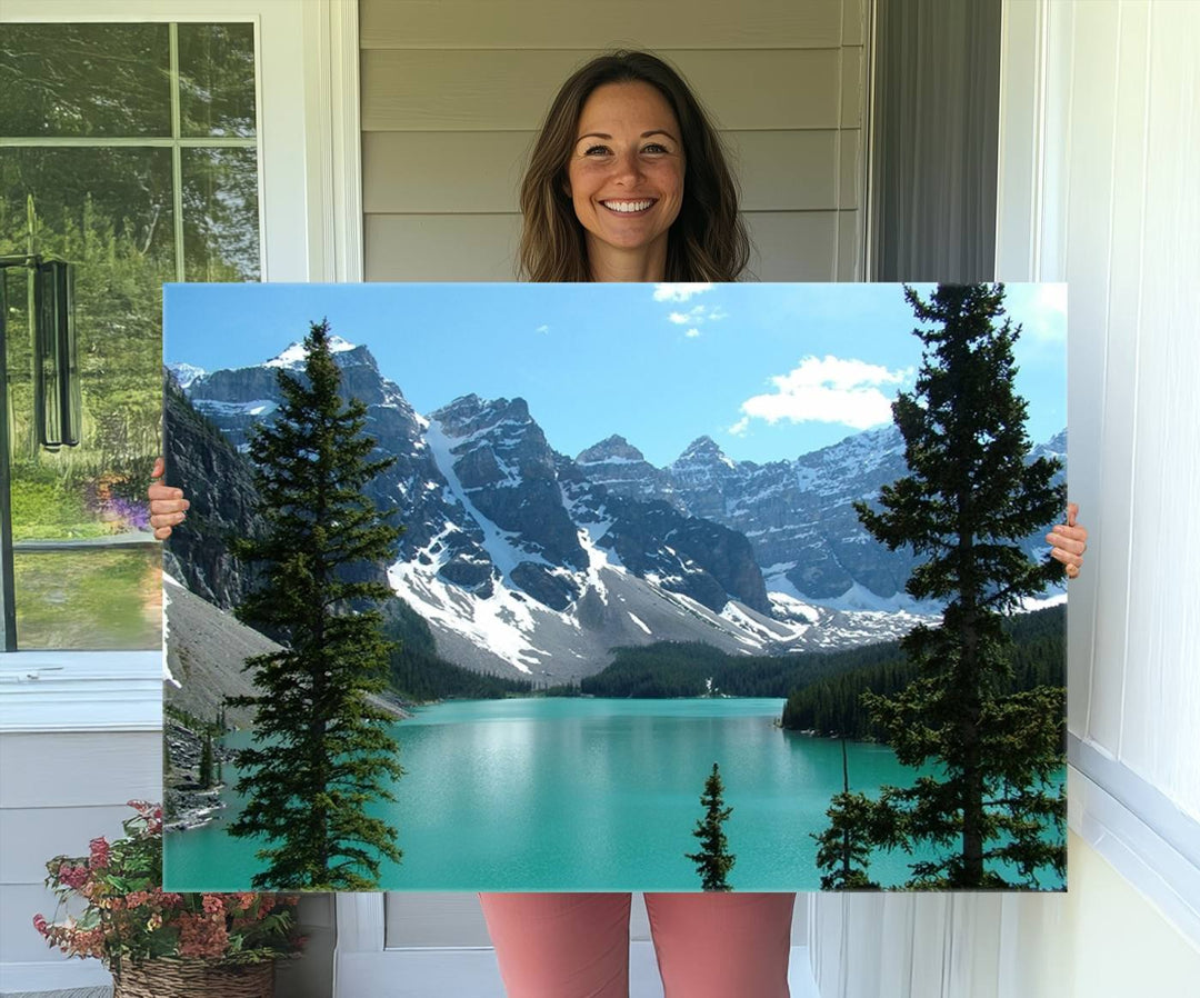 Canadian Rockies Moraine Lake Landscape Canvas Print showcasing a turquoise lake and mountain view.