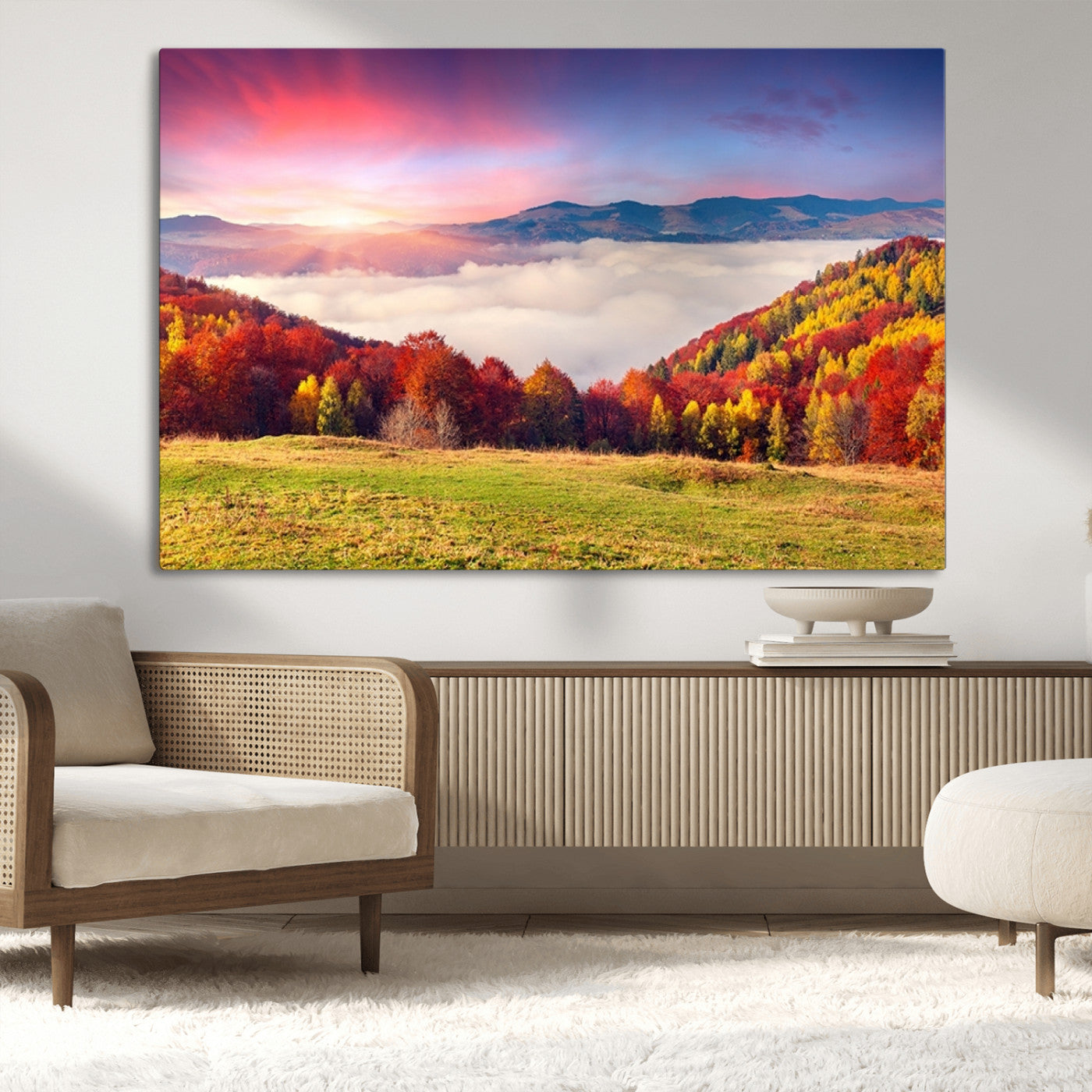 MGV-CV-36X24 - Autumn Mountain Foggy Landscape Wall Art Canvas Print | Beautiful Forest Canvas Print | Misty