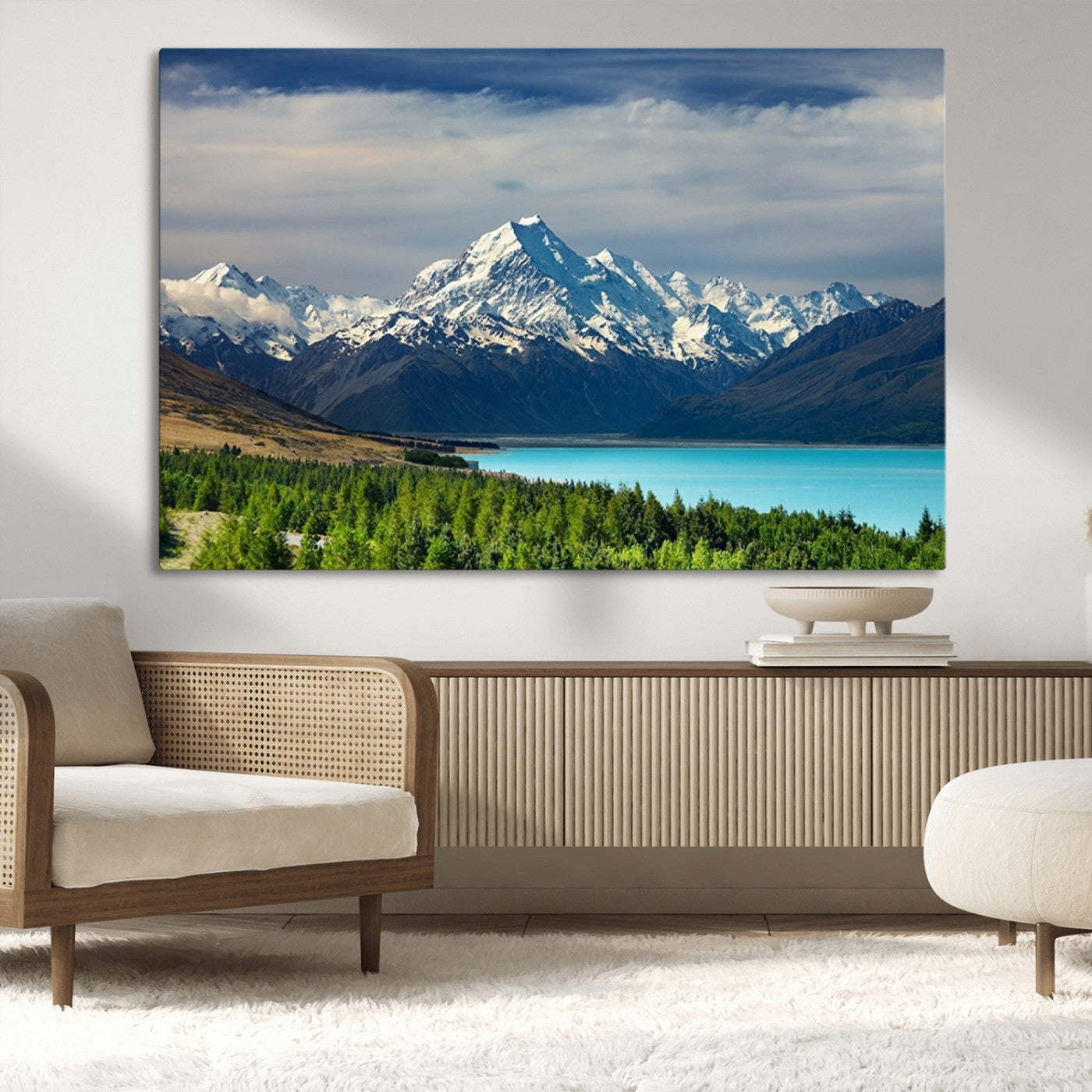 MGV-CV-36X24 - Mount Cook and Lake Pukaki Canvas Wall Art Print – Majestic Snow-Capped Peaks and Serene Lake Wall