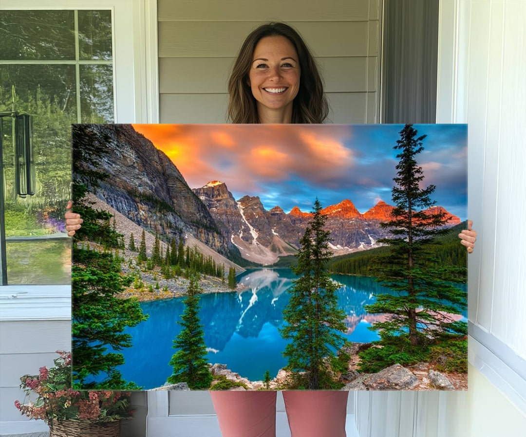 The dining room features a stunning piece of wall art depicting the Canadian Rockies Moraine Lake.