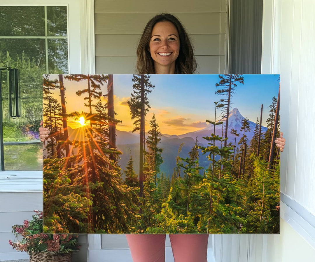 The kitchen features a Red Leaves on Trees landscape canvas print, perfect for nature lovers.