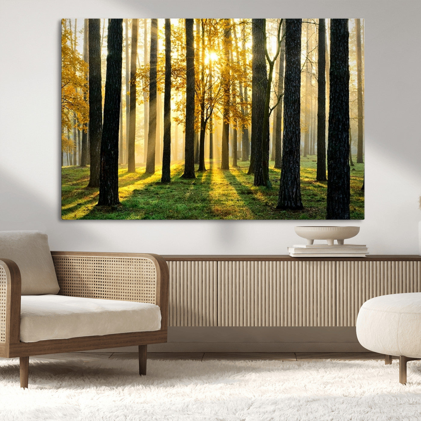 MGV-CV-36X24 - Sunlit Forest Canvas Wall Art – Serene Woodland Triptych Landscape Print – Nature-Inspired Decor for