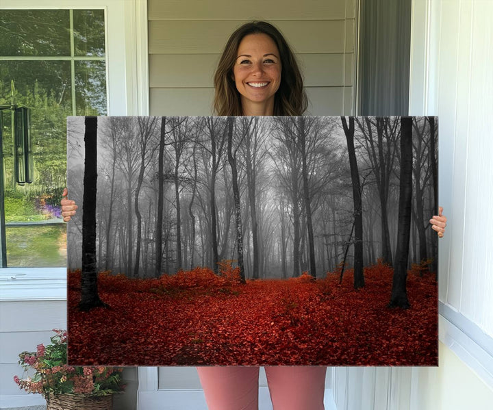 A large, museum-quality canvas print titled Wonderful Forest with Red Leaves.