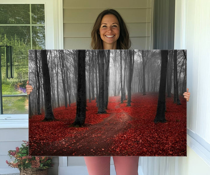 Wonderful Forest artwork: Triptych with red leaves, ideal for nature lovers.