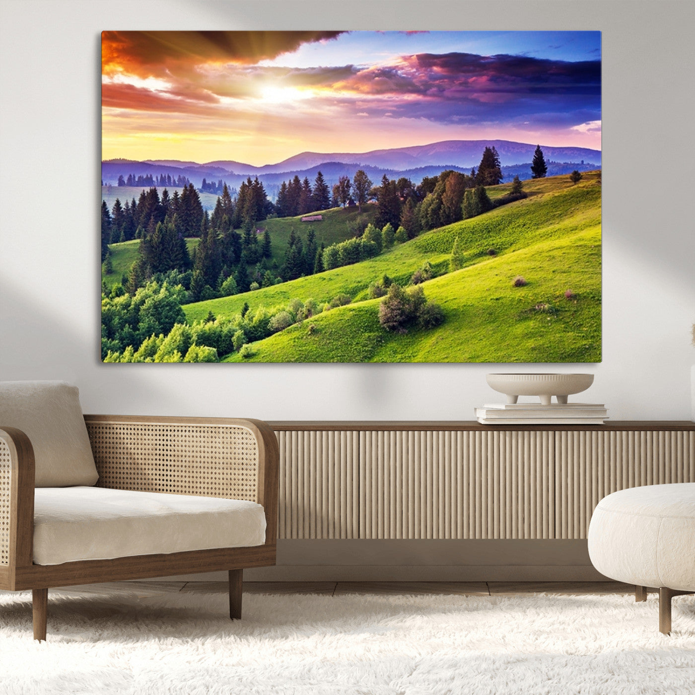 MGV-CV-36X24 - Green Hills and Sunset Wall Art Print - Scenic Landscape with Lush Greenery and Vibrant Sky, Ready