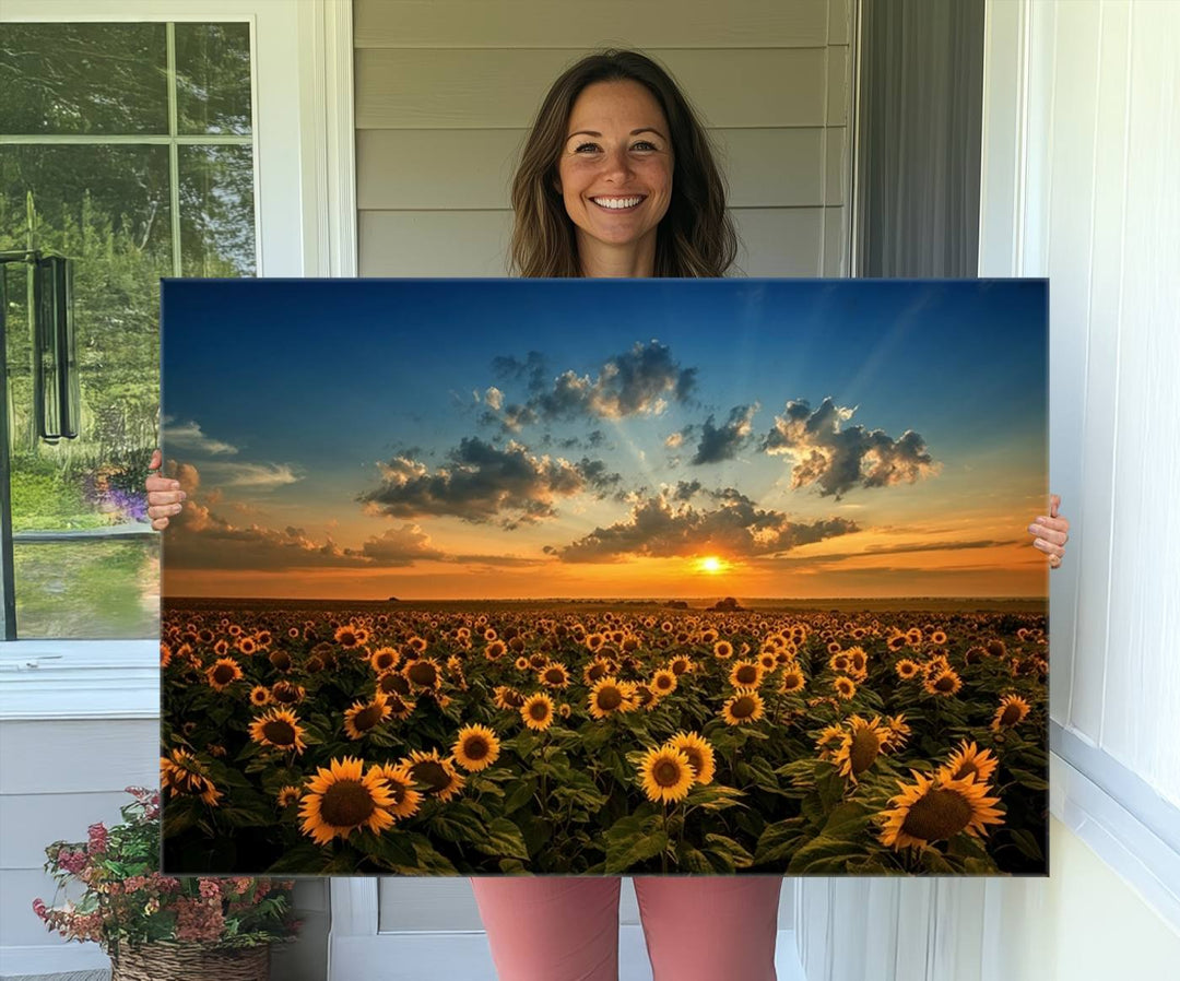 The dining area features the Sunflower Field Sunset Wall Art Canvas Print.