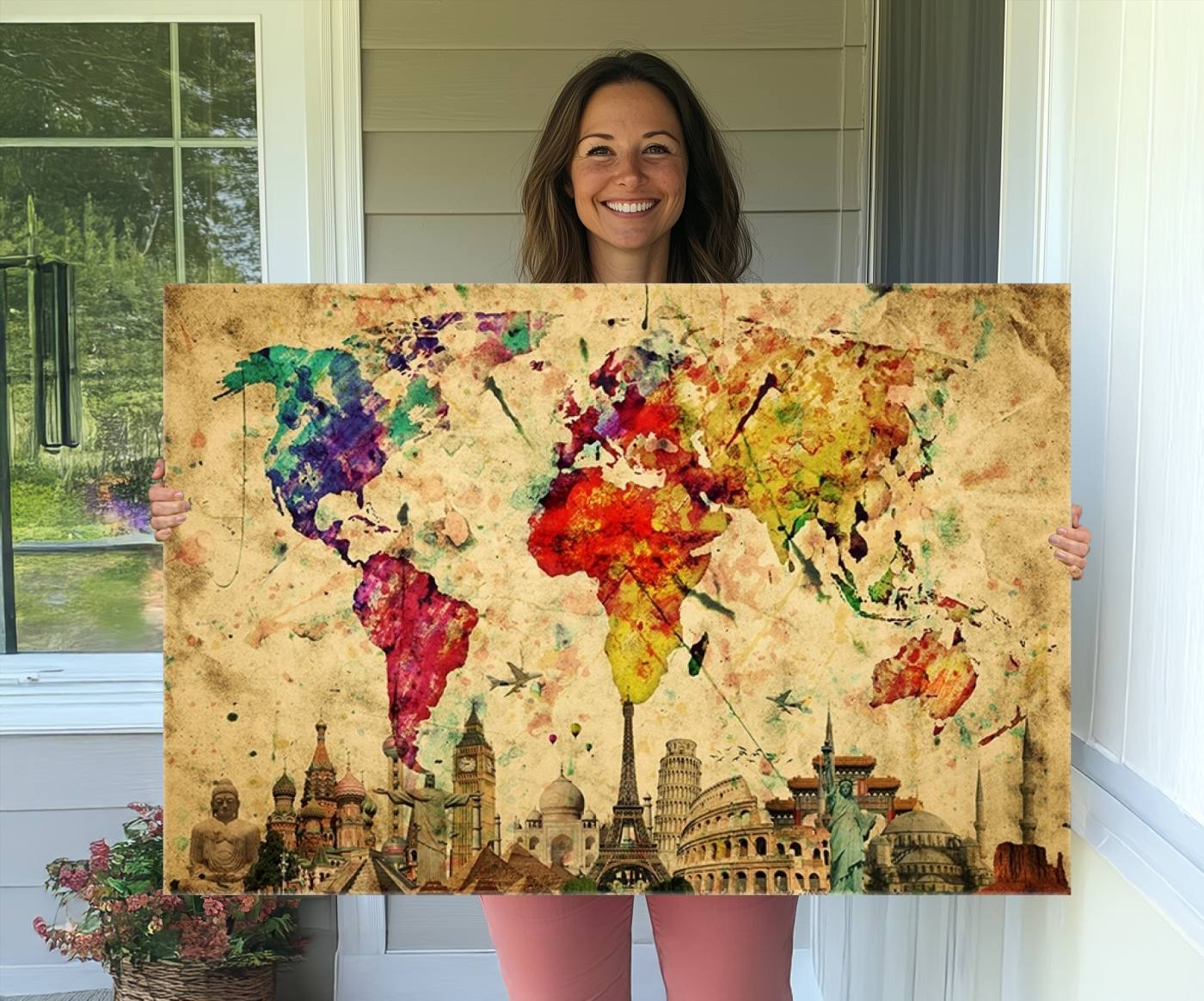 34595-MGV-CV-36X24-Push Pin World Map Canvas Print – Framed Travel Map Wall Art for Couples, Anniversary Gift, Modern Home or Office Decor