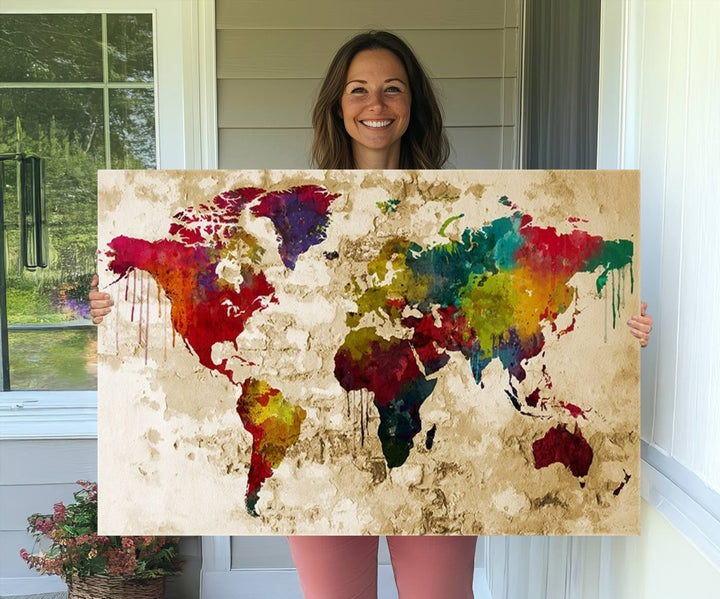 Wall Art World Map Canvas Print Rainbow Colored Vintage Style World Map