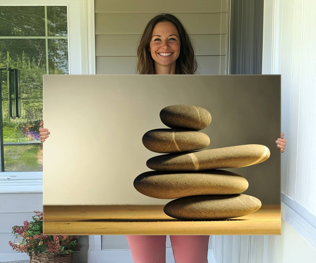 The Yellow Zen Stones on Yellow Background Wall Art is a striking feature in this minimalist kitchen.