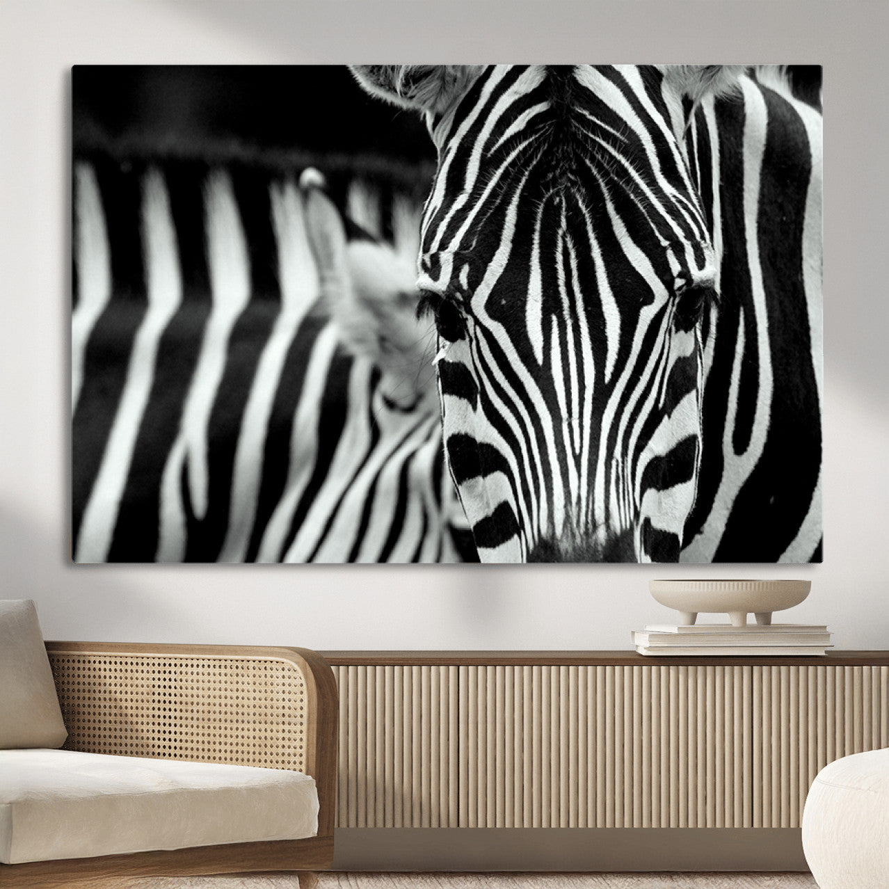 MGV-CV-36X24 - Zebra Wall Art – Close Up Black and White Animal Print, Bold Safari Decor for Living Room, Office, or Bedroom