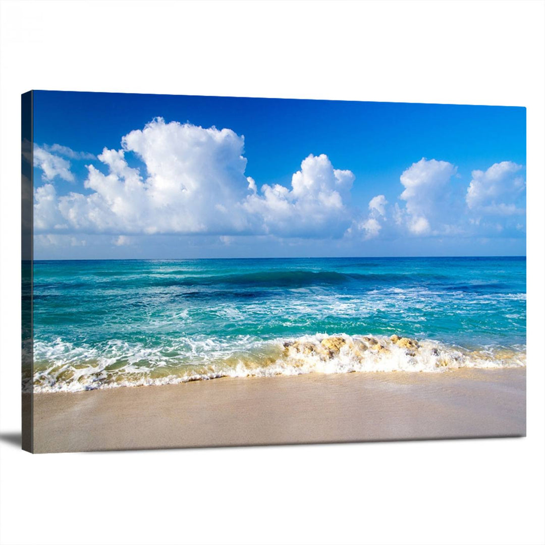 Tropical Beach 3-Panel Canvas Wall Art – Serene Ocean Waves and Blue Sky – Giclée Print for Living Room, Office, or Bedroom Coastal Decor