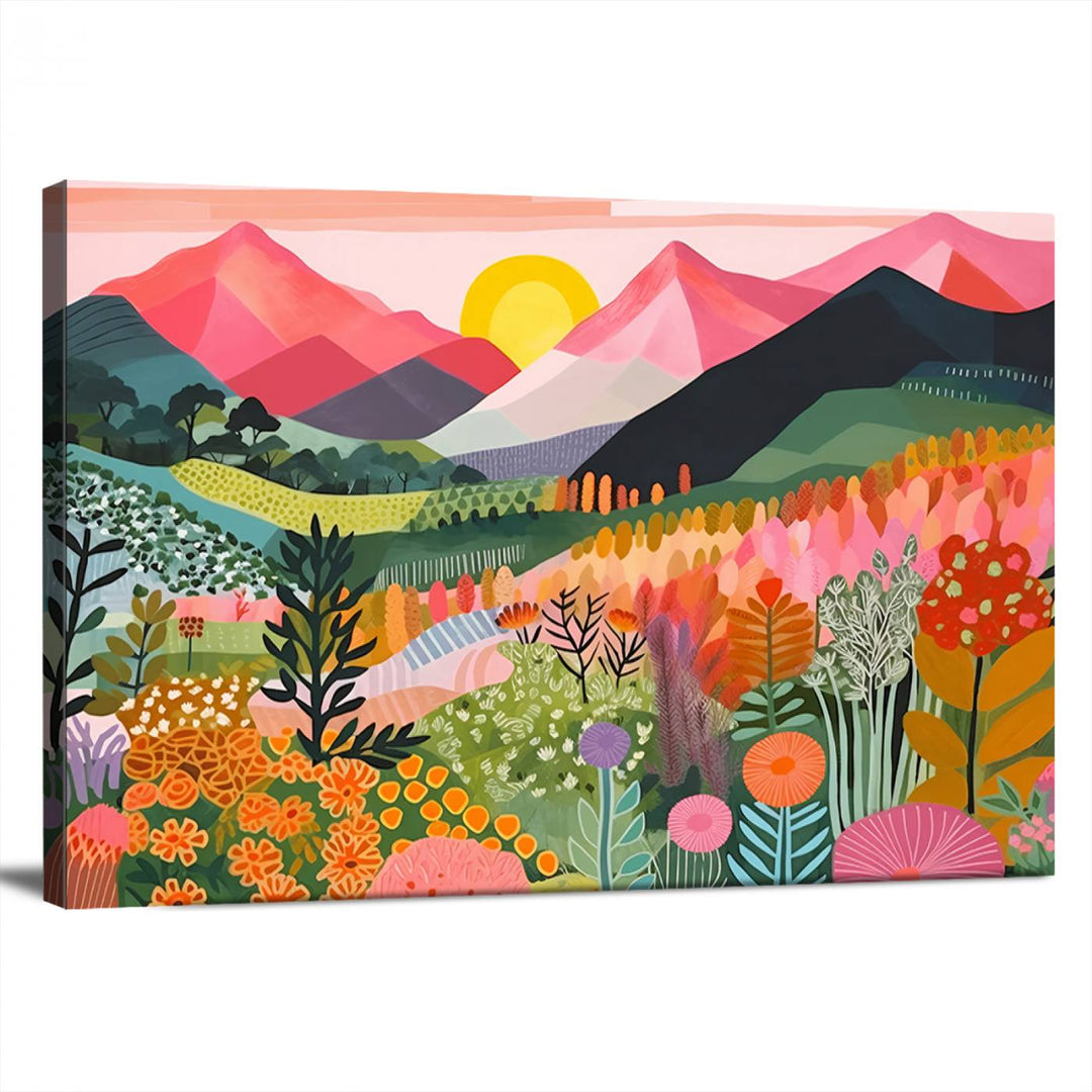 Yayoi Kusama Landscape Canvas Print featuring vibrant floral mountains and sunset scenery.