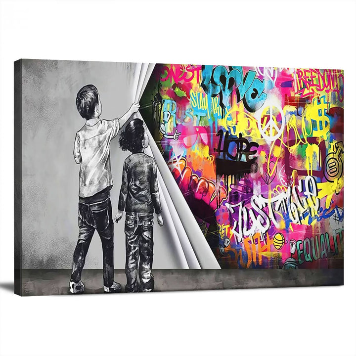 The Banksy Print - Street Art Canvas features a vibrant and bold image of two children lifting a curtain to reveal colorful graffiti. It's ready to hang, adding an urban modern decor vibe.