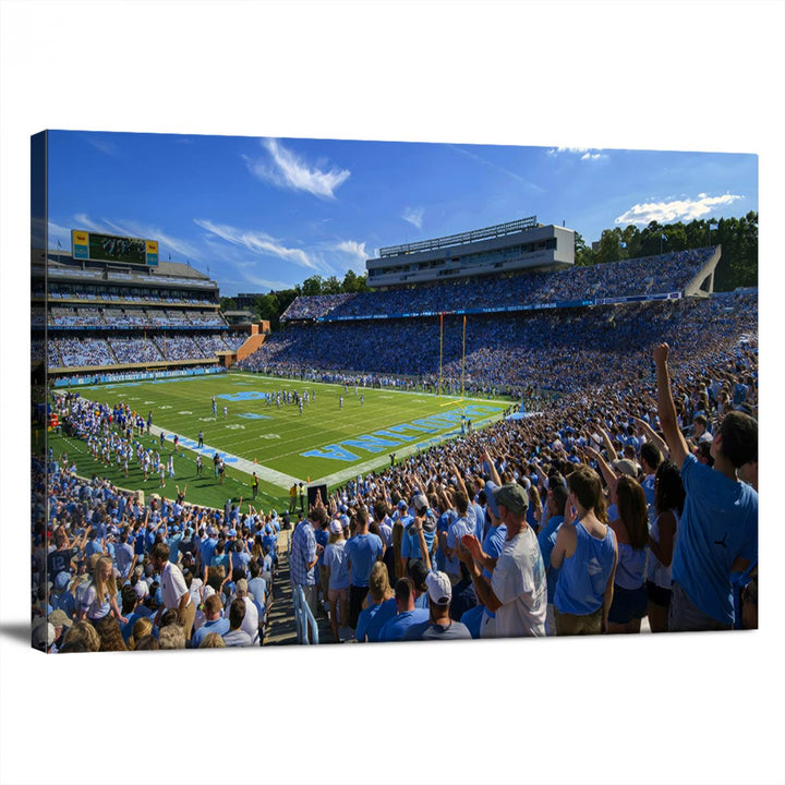 A gallery-quality canvas wall art print featuring the University of North Carolina Tar Heels Football Team and Chapel Hill's Kenan Memorial Stadium adorns the cafe wall.