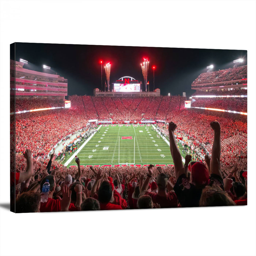 The University of Nebraska Cornhuskers Football Team Print, a vibrant three-panel canvas depicting Lincoln Memorial Stadium filled with enthusiastic fans from the end zone perspective, features a gallery-quality finish.