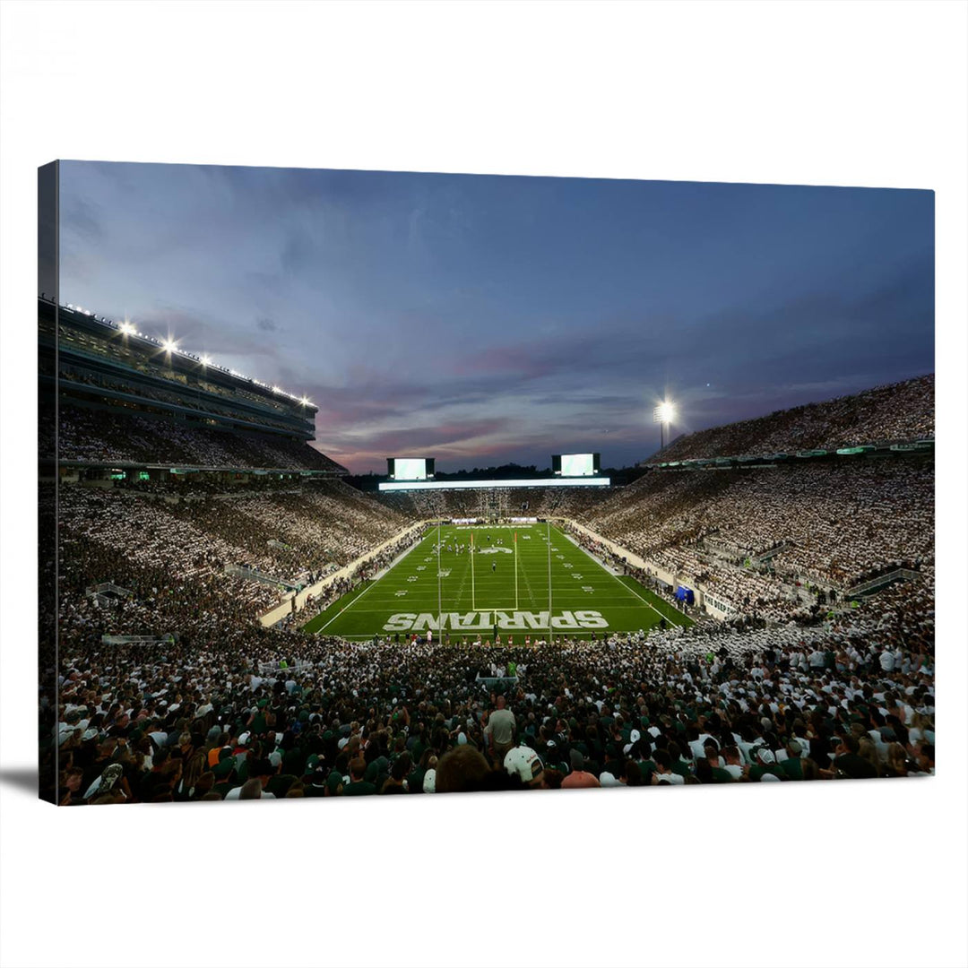 Wall art featuring a stadium at dusk with full stands—ideal for the Michigan State Spartans Football Team Canvas Print.