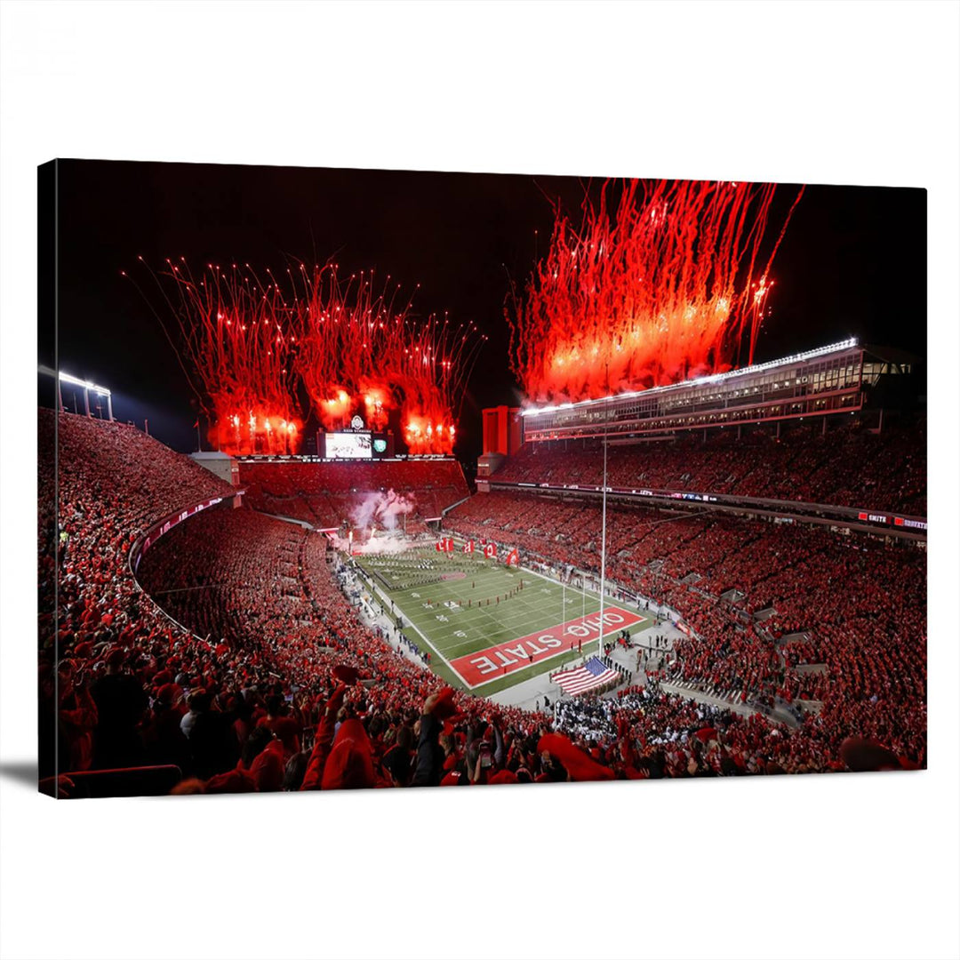 A vibrant red canvas art of a packed Ohio State Buckeyes stadium at night with fireworks.