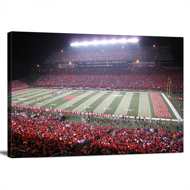 A bustling night game at SHI Stadium is captured as Rutgers Scarlet Knights wall art on a gallery-quality canvas print.