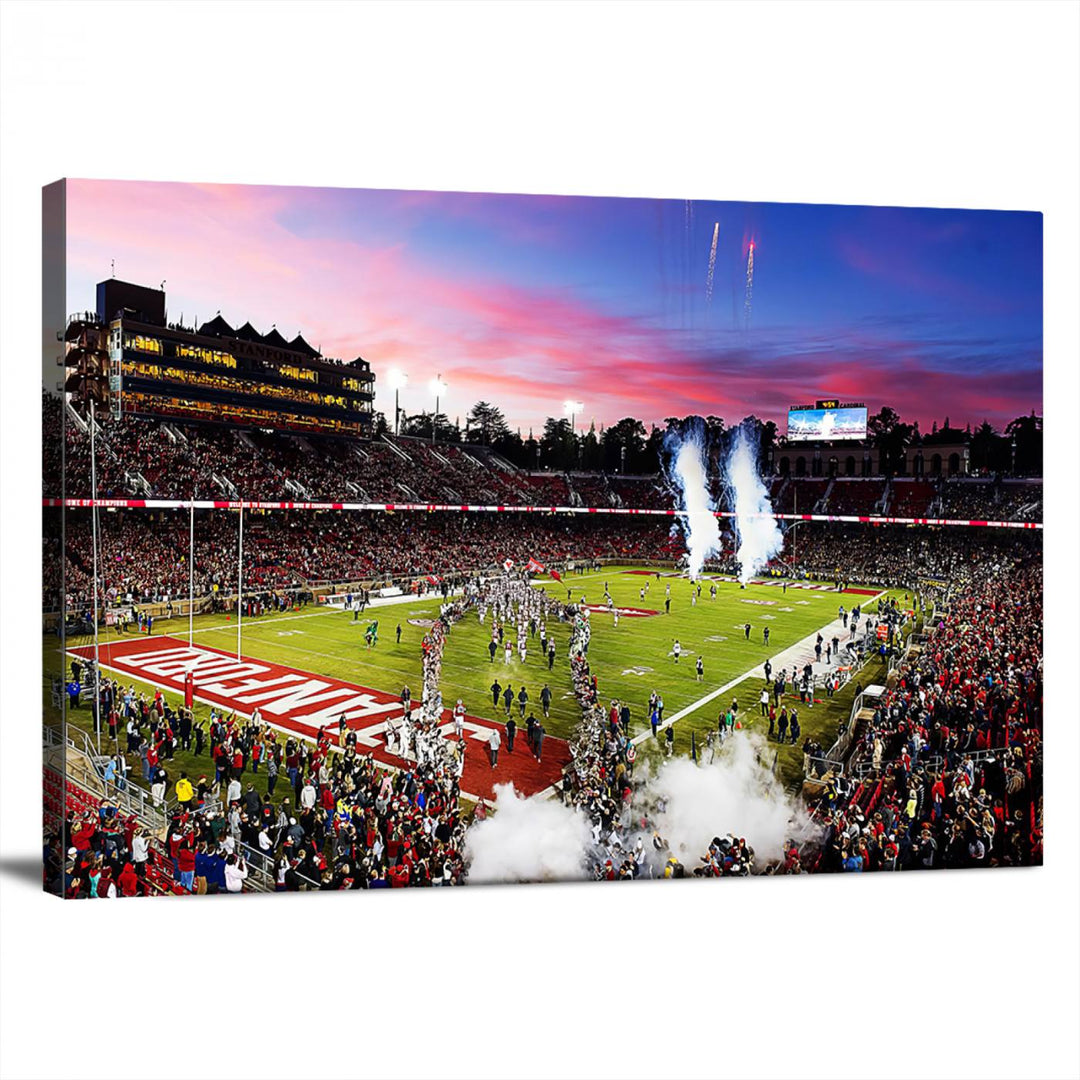 The wall art features a canvas print of the Stanford Cardinal football team, capturing players, fireworks, and smoke against the backdrop of a sunset at Stanford Stadium.