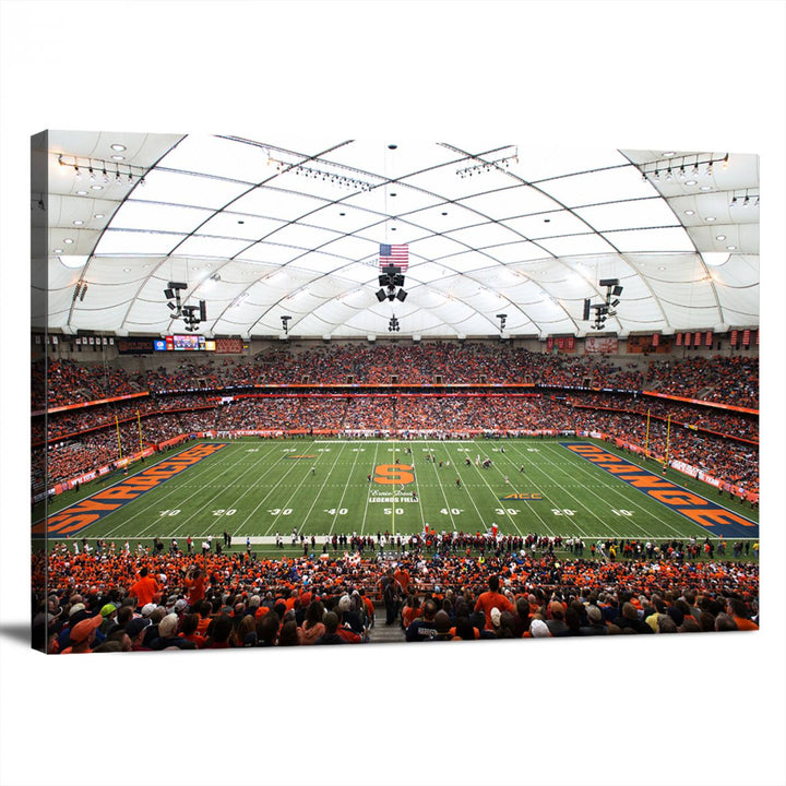 Fans fill the Syracuse JMA Wireless Dome, highlighted in orange and blue under a vaulted roof on this premium canvas print of the scene.