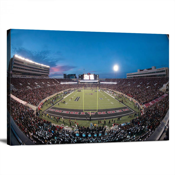 The wall art in the living room features a Texas Tech Red Raiders Football Team Print, showcasing Jones AT&T Stadium at dusk.