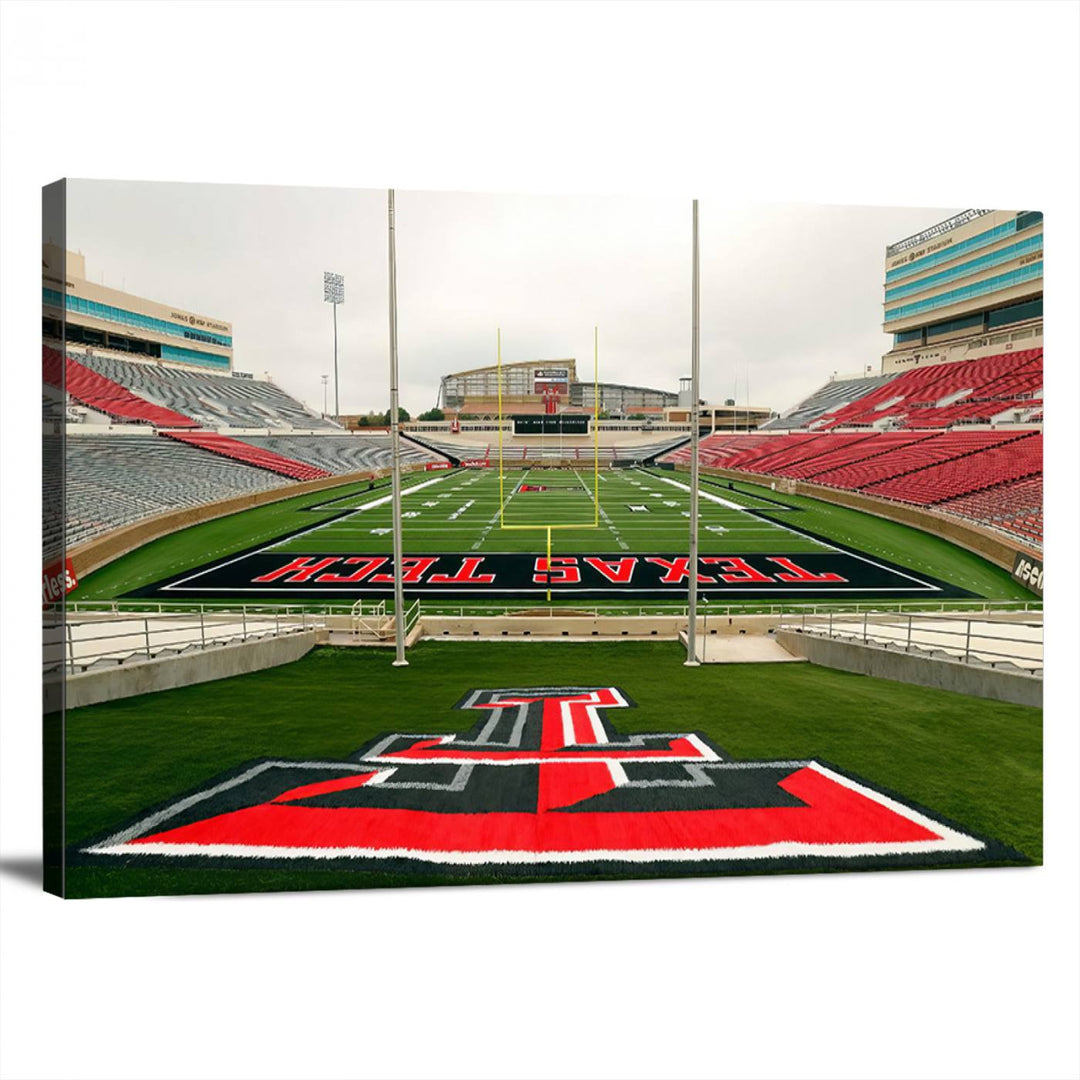 Gallery-quality print of Lubbock Jones AT&T Stadium featuring the Texas Tech Red Raiders field, highlighted by red and gray bleachers.