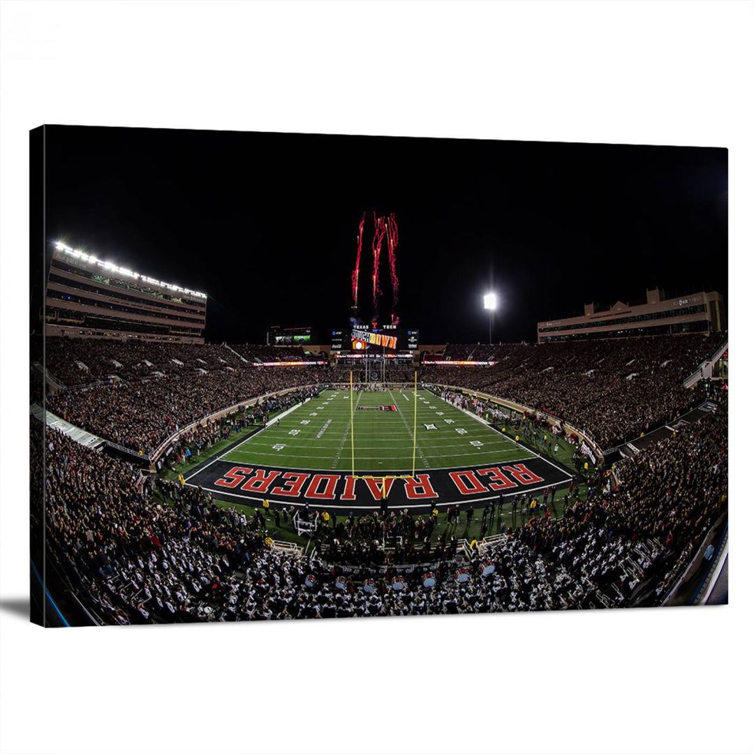 The wall features a Texas Tech Red Raiders Football Team Print on canvas, showcasing fireworks over a packed stadium at night.